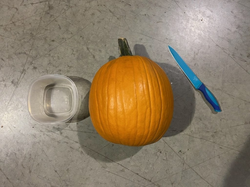 Bowl, pumpkin, and knife