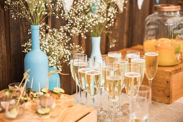 champagne and appetizers at wedding reception 