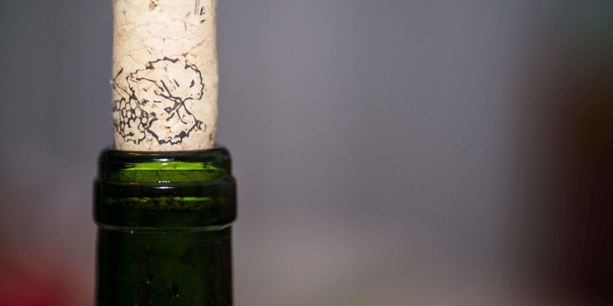 Close up angle of cork in bottle of wine