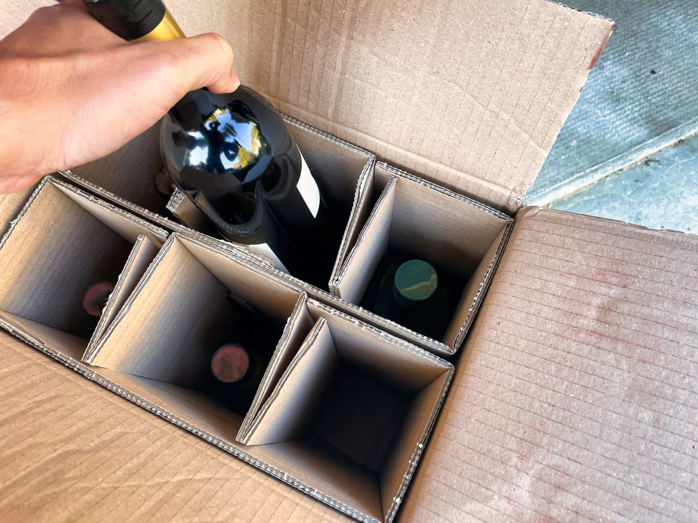 person taking a bottle of wine ordered online out of a delivery box when the shipment arrives