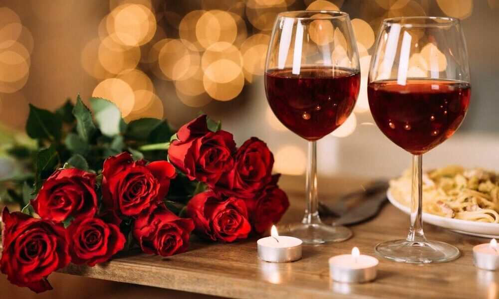 romantic food and wine with roses