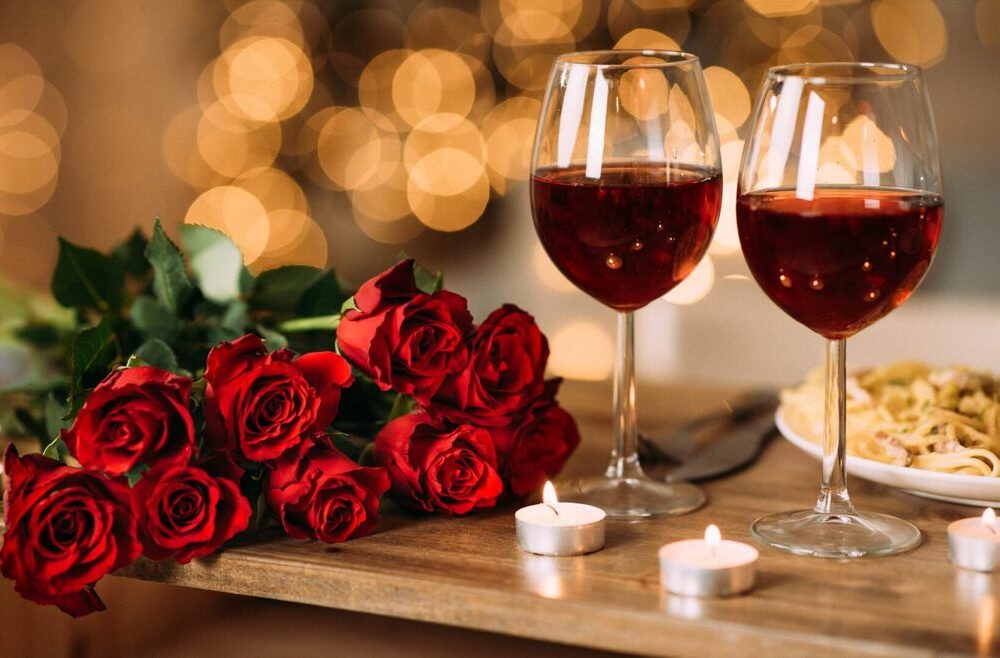 romantic food and wine with roses